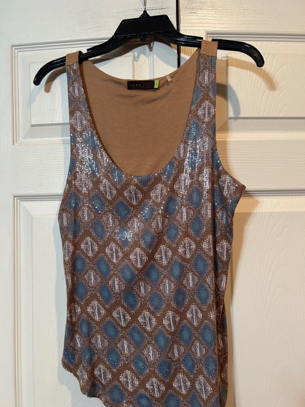 Area -Small Brown Tank Top with Blue & Gray Geometric Sequin Pattern